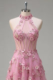 Taro A-Line Halter Neck Corset Long Ball Dress with Appliqued 3D Flowers