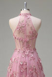 Taro A-Line Halter Neck Corset Long Ball Dress with Appliqued 3D Flowers