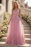 Taro A-Line Spaghetti Straps Long Ball Dress with Appliqued 3D Flowers