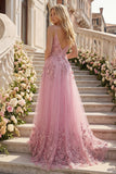 Taro A-Line Spaghetti Straps Long Ball Dress with Appliqued 3D Flowers