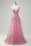 Taro A-Line Spaghetti Straps Long Ball Dress with Appliqued 3D Flowers