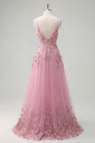 Taro A-Line Spaghetti Straps Long Ball Dress with Appliqued 3D Flowers