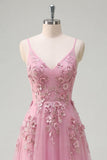 Taro A-Line Spaghetti Straps Long Ball Dress with Appliqued 3D Flowers