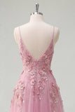 Taro A-Line Spaghetti Straps Long Ball Dress with Appliqued 3D Flowers