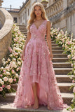 Pearl Embellished A-Line V-Neck Taro Long Ball Dress with Appliqued 3D Flowers