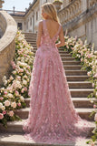 Pearl Embellished A-Line V-Neck Taro Long Ball Dress with Appliqued 3D Flowers