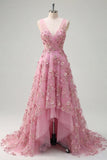Pearl Embellished A-Line V-Neck Taro Long Ball Dress with Appliqued 3D Flowers