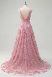 Pearl Embellished A-Line V-Neck Taro Long Ball Dress with Appliqued 3D Flowers