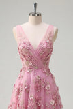 Pearl Embellished A-Line V-Neck Taro Long Ball Dress with Appliqued 3D Flowers