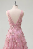 Pearl Embellished A-Line V-Neck Taro Long Ball Dress with Appliqued 3D Flowers
