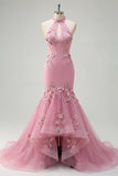 Mermaid Taro Halter Neck Corset Pearl Embellished Long Ball Dress with 3D Flowers