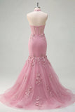 Mermaid Taro Halter Neck Corset Pearl Embellished Long Ball Dress with 3D Flowers