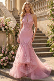 Mermaid Taro Halter Neck Corset Pearl Embellished Long Ball Dress with 3D Flowers
