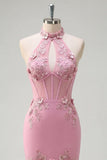 Mermaid Taro Halter Neck Corset Pearl Embellished Long Ball Dress with 3D Flowers