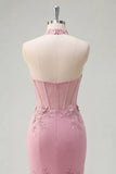 Mermaid Taro Halter Neck Corset Pearl Embellished Long Ball Dress with 3D Flowers