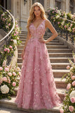 Pearl Embellished A-Line Taro V-Neck Appliqued Long Ball Dress with 3D Flowers
