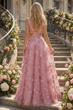 Pearl Embellished A-Line Taro V-Neck Appliqued Long Ball Dress with 3D Flowers
