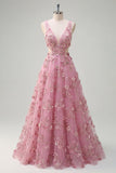 Pearl Embellished A-Line Taro V-Neck Appliqued Long Ball Dress with 3D Flowers