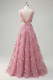 Pearl Embellished A-Line Taro V-Neck Appliqued Long Ball Dress with 3D Flowers