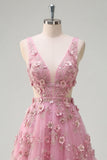 Pearl Embellished A-Line Taro V-Neck Appliqued Long Ball Dress with 3D Flowers