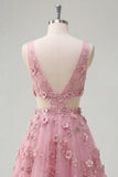 Pearl Embellished A-Line Taro V-Neck Appliqued Long Ball Dress with 3D Flowers
