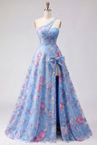 Blue One Shoulder A Line Appliqued Ball Dress with Slit