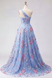 Blue One Shoulder A Line Appliqued Ball Dress with Slit