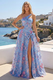 Blue One Shoulder A Line Appliqued Ball Dress with Slit