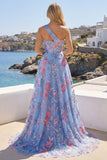 Blue One Shoulder A Line Appliqued Ball Dress with Slit