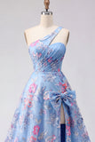Blue One Shoulder A Line Appliqued Ball Dress with Slit