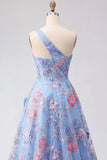 Blue One Shoulder A Line Appliqued Ball Dress with Slit