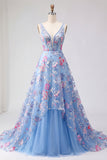 Blue Floral A Line V Neck Long Ball Dress
