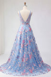 Blue Floral A Line V Neck Long Ball Dress