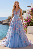 Blue Floral A Line V Neck Long Ball Dress