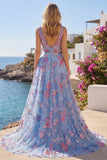 Blue Floral A Line V Neck Long Ball Dress