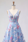 Blue Floral A Line V Neck Long Ball Dress