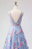 Blue Floral A Line V Neck Long Ball Dress