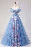 Off the Shoulder Blue A Line Appliqued Corset Long Ball Dress