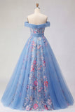 Off the Shoulder Blue A Line Appliqued Corset Long Ball Dress