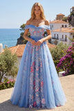 Off the Shoulder Blue A Line Appliqued Corset Long Ball Dress
