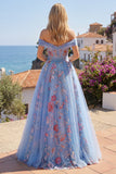 Off the Shoulder Blue A Line Appliqued Corset Long Ball Dress
