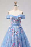 Off the Shoulder Blue A Line Appliqued Corset Long Ball Dress