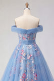 Off the Shoulder Blue A Line Appliqued Corset Long Ball Dress