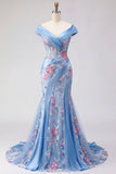 Blue V Neck Mermaid Appliqued Corset Long Ball Dress