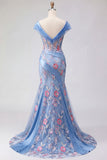 Blue V Neck Mermaid Appliqued Corset Long Ball Dress