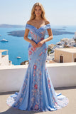 Blue V Neck Mermaid Appliqued Corset Long Ball Dress