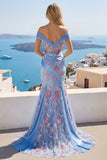 Blue V Neck Mermaid Appliqued Corset Long Ball Dress