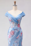 Blue V Neck Mermaid Appliqued Corset Long Ball Dress
