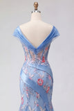Blue V Neck Mermaid Appliqued Corset Long Ball Dress