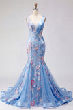 Mermaid Blue Floral V Neck Corset Long Ball Dress